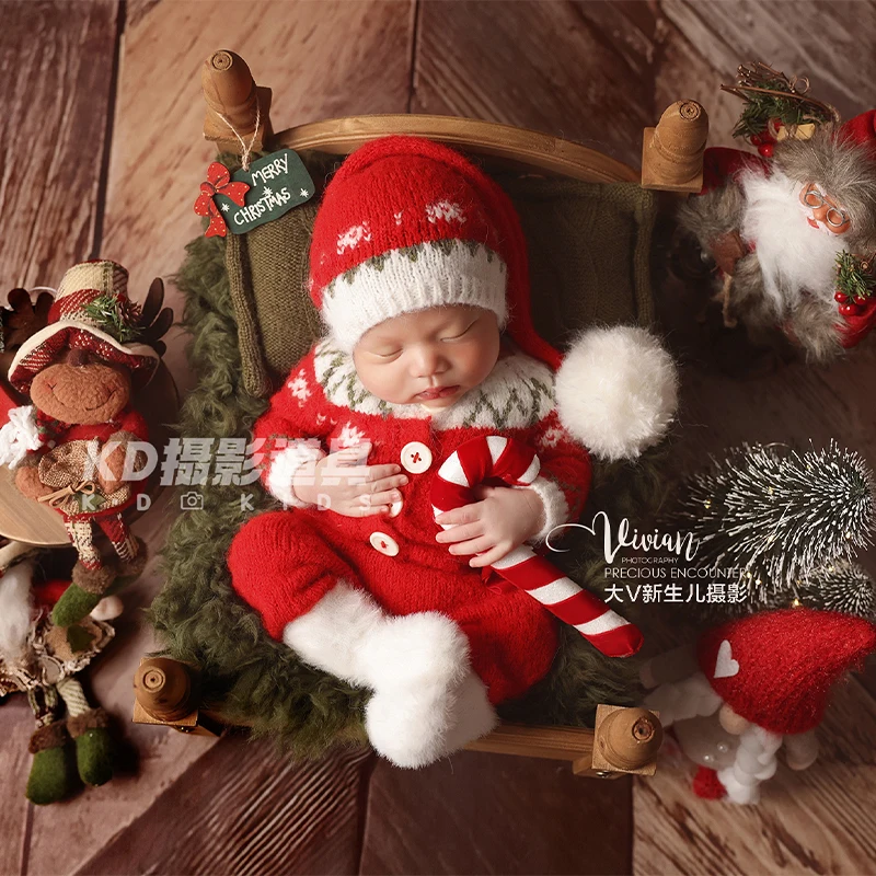 Knit Santa Claus Newborn Outfit Photography Props Warm Christmas Baby Clothes with Pom pom Hat Santa Claus Doll Scene Decoration