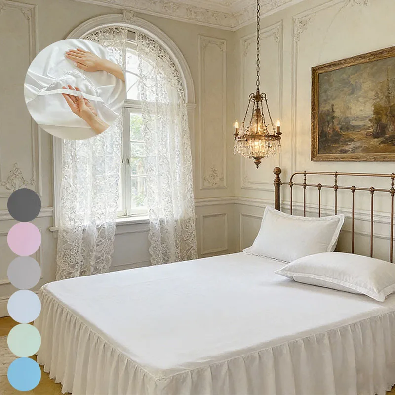 Skin Friendly Sanding 35cm High Lace Bed Skirt with Four Corner Straps That Do Not Shift Solid Color Mattress Protective Cover
