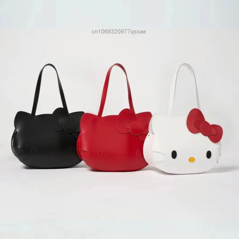 Sanrio Hello Kitty Sacola PU em Forma de Coração para Mulheres, Grande Capacidade, Ombro Único, Bonito, 3D, Desenhos Animados, Alça de Estudante