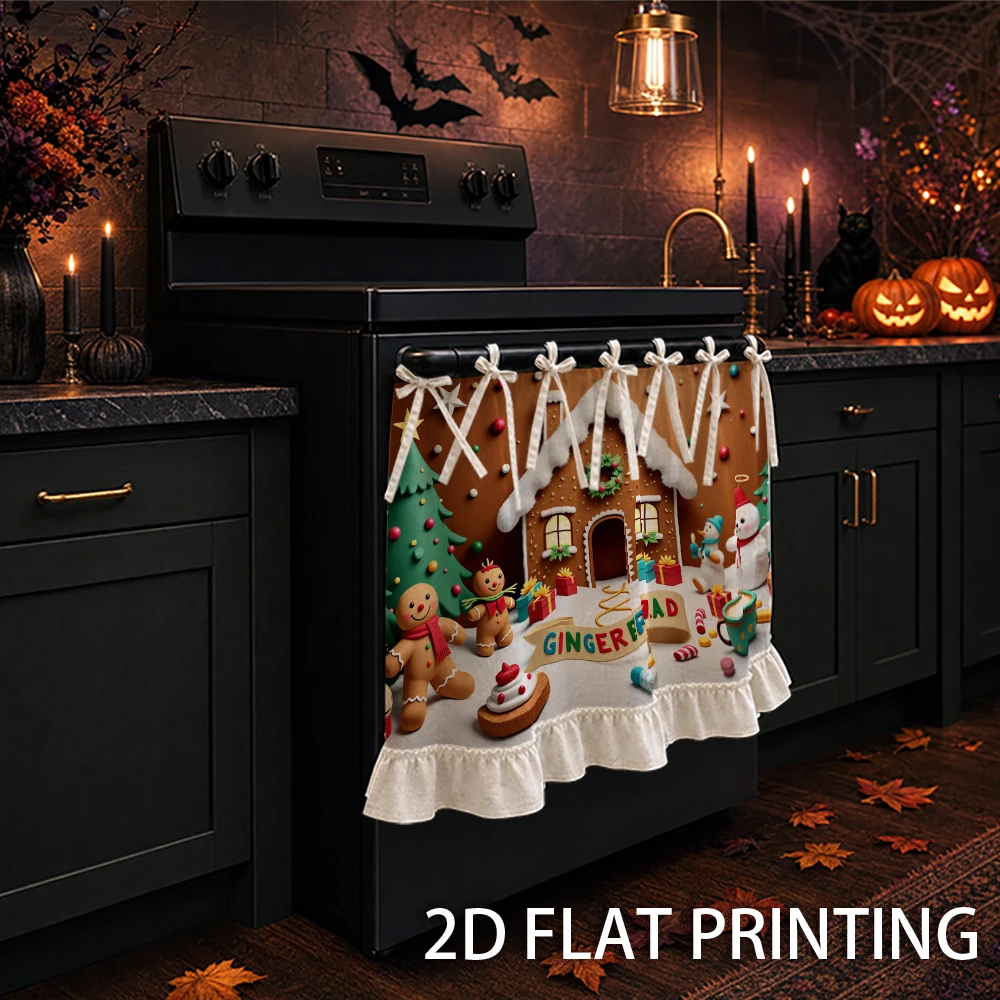 1PC Christmas kitchen stove curtain-cabinet curtain-apron. With gingerbread houses, snowmen and Christmas trees. Can be used as