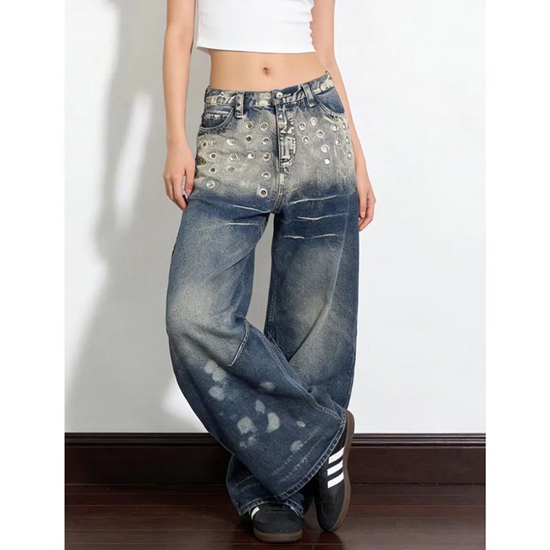 Women Men American‑style Streetwear Washed Gradient Jeans Lady Trendy Ink‑Splash Loose Straight Wide‑Leg Long Denim Trousers