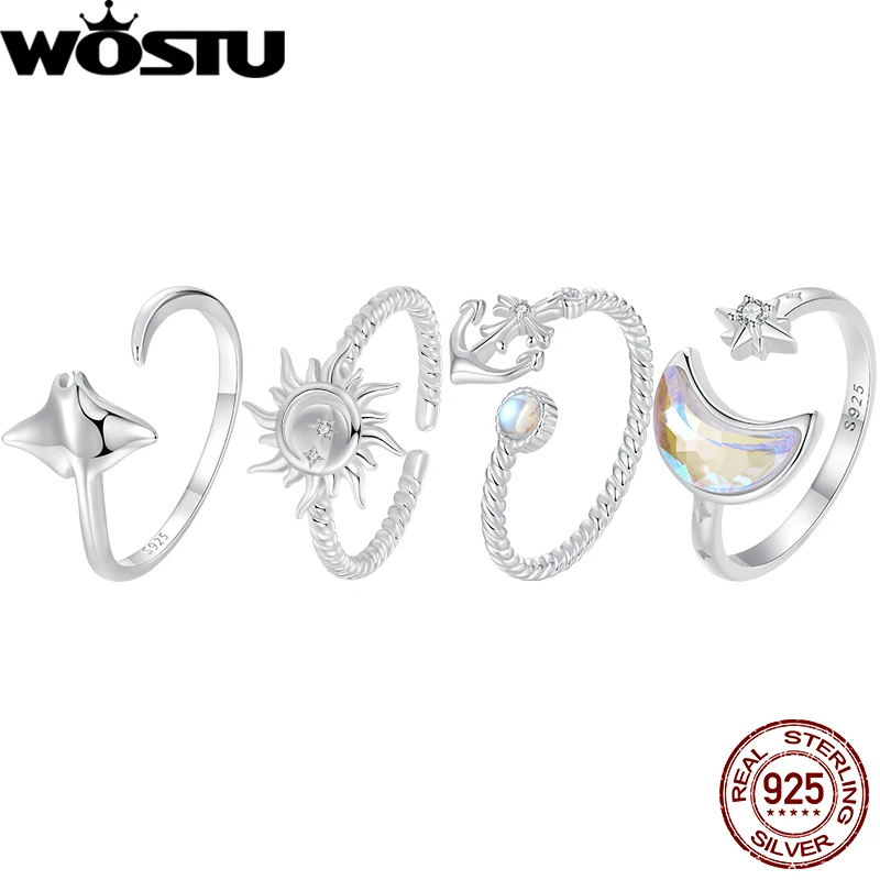 WOSTU 925 Sterling Silver Sun and Moon Open Ring Moonstone Anchor Rope Ring Original For Women Fine Jewelry Girl Birthday Gift