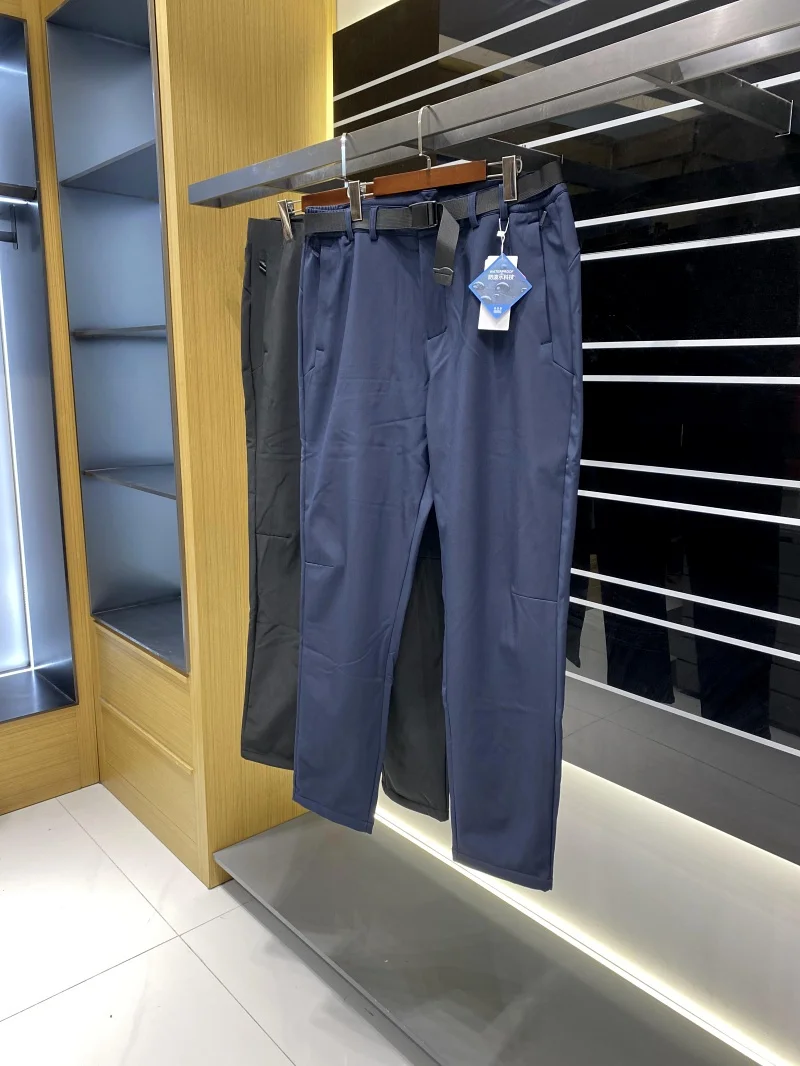 

Waterproof Tech Fce Lined Belted Men's Casual Pants Autumn Winter Straight Leg Pants Warm Velvet Faion Urban Sle