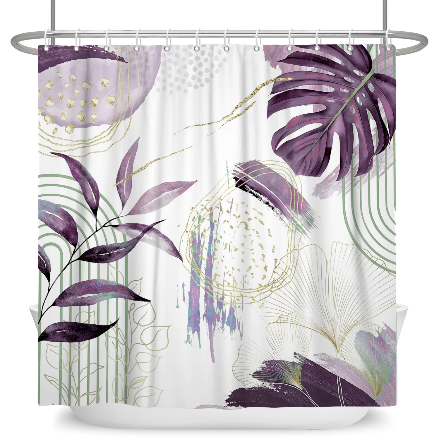 Luxury Tropical Leaf Shower Curtain Waterproof Easy to Clean Privacy Protection Print Abstract Gold Design Elegant Quick Setup