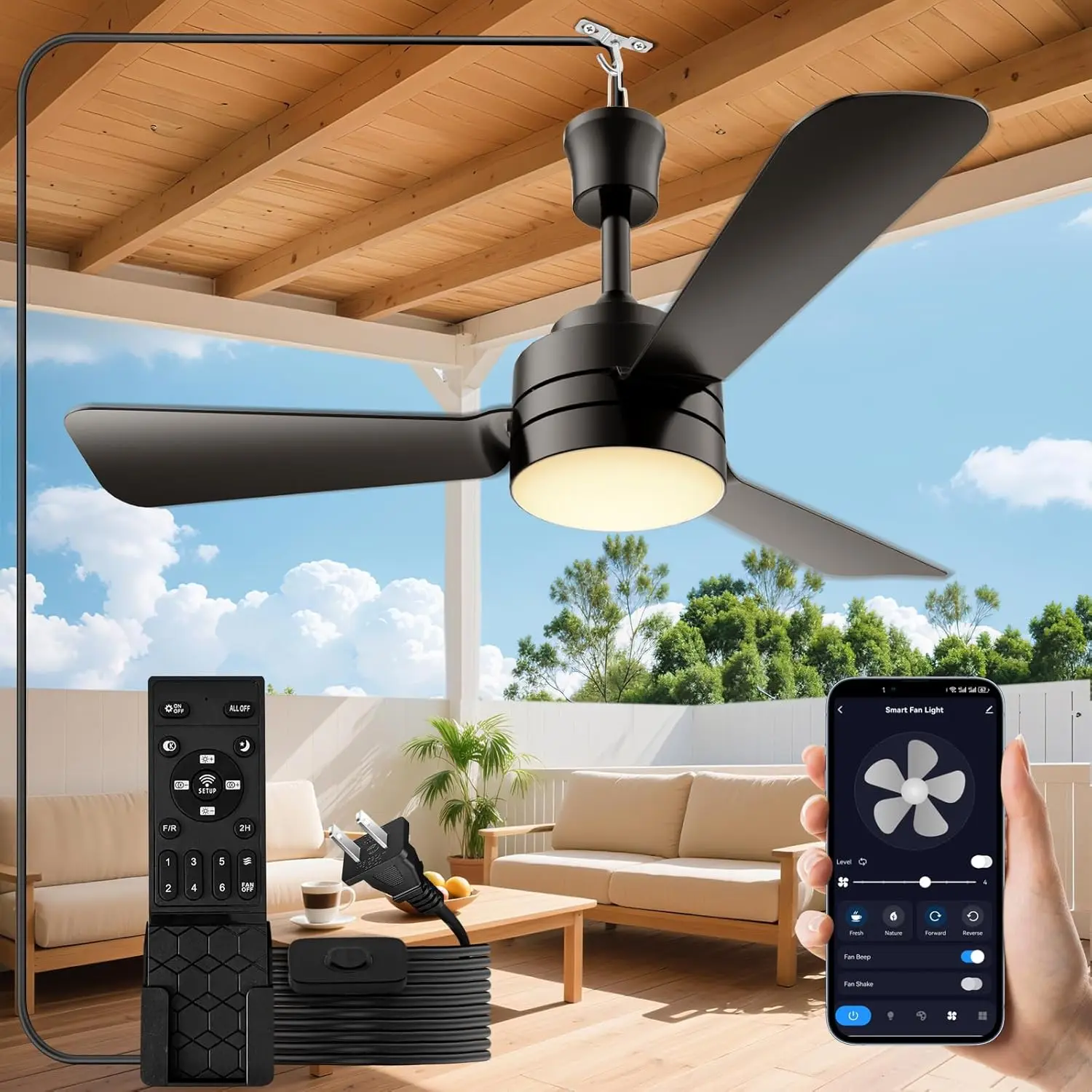 

28" Outdoor Ceiling Fan with Light, Remote/APP Control, 35W Adjustable LED, Easy Plug-in Installation for Patios and Gazebos