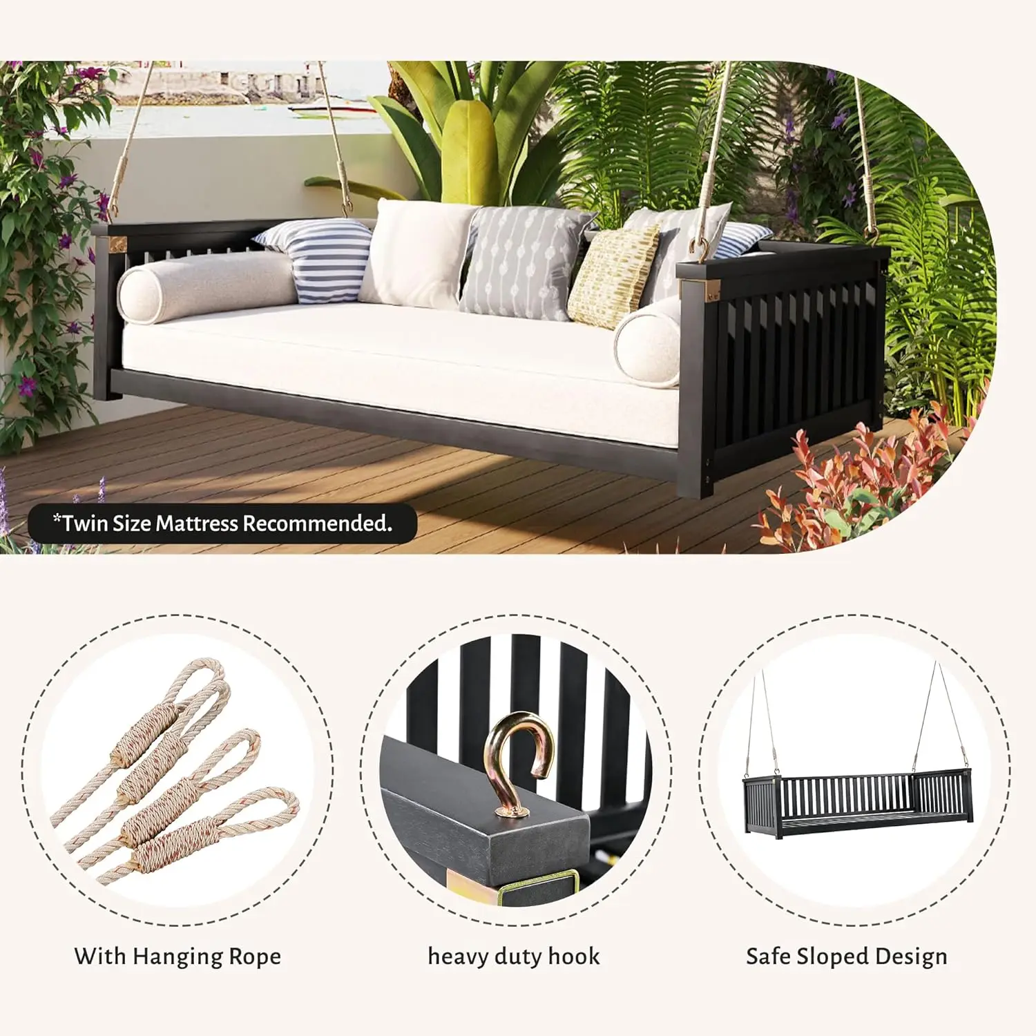 

Patio Twin Size Garden Swing Bed, Wooden Porch Swing Frame with Ropes for Garden, Backyard, Patio, Safe Sloped Design, Black