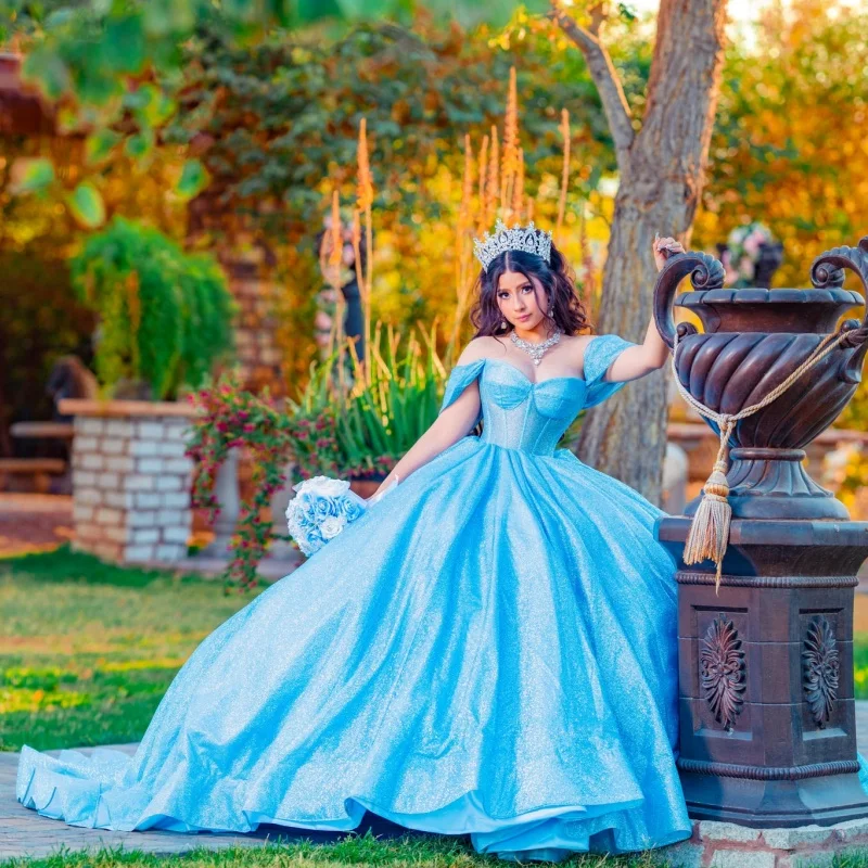 사용자 정의 반짝 이는 복숭아 핑크 오프 어깨 Quinceanera 드레스 Tull 크리스탈 3D 꽃 레이어링 applique vestidos de 15 Quinceanera