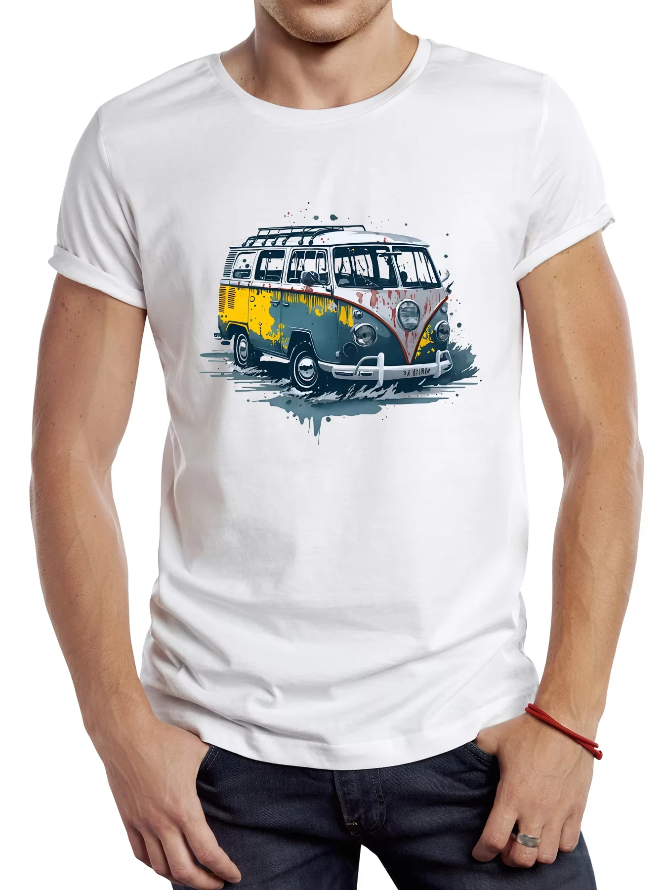

TEEHUB Retro Painted Bus Men and Women Pure Cotton T-shirt Graphic Camping Bus Sports Cloth Retro Classic Car Hipster T-shirt