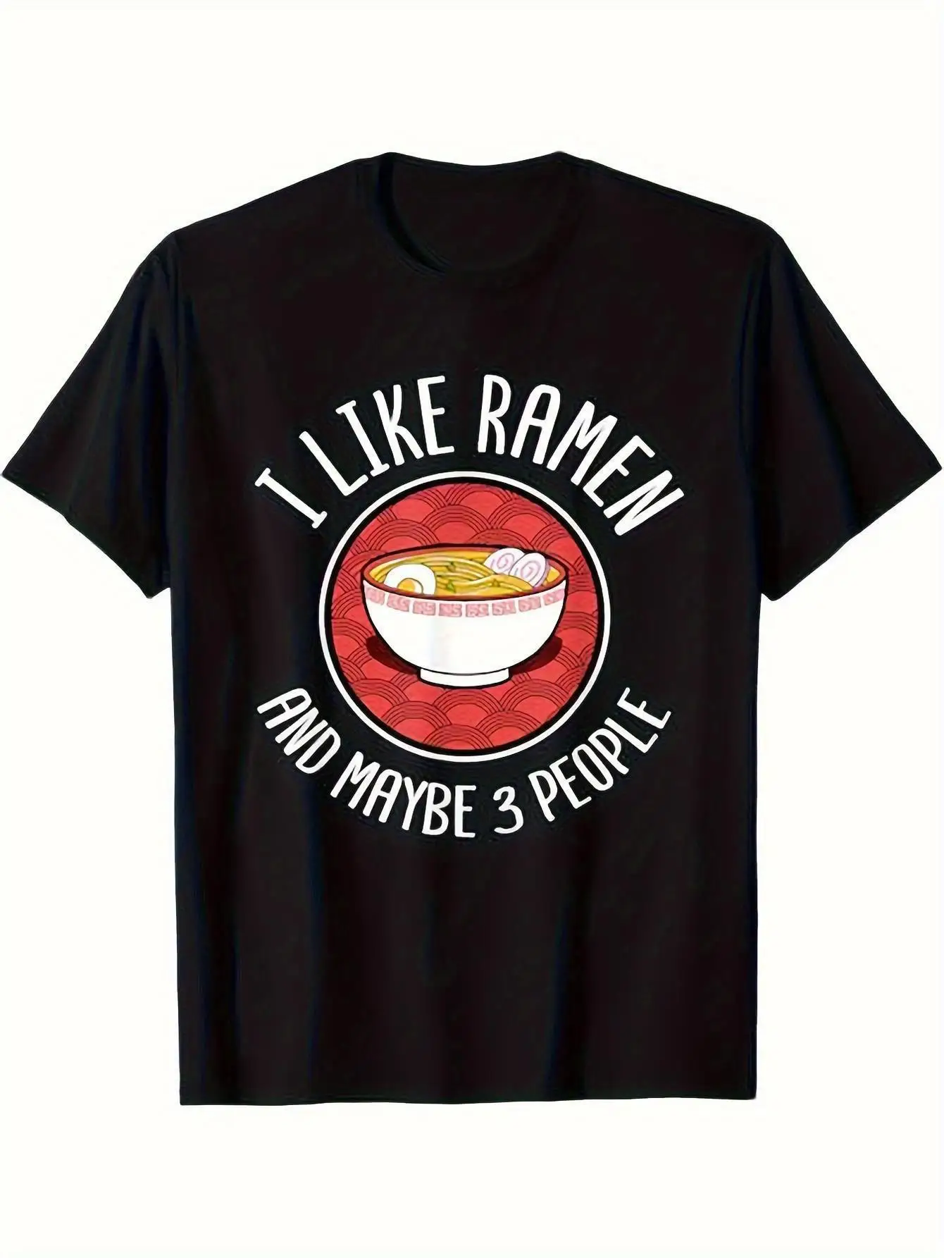 Men's Fun Ramen Lover T-Shirt - I Like Ramen Maybe 3 People Large Font Ramen Bowl Design - Soft Crew Neck Casual Shirt - Loose Breathable T-Shirt, Suitable for Anime Conventions, Casual Wear, and Humor Enthusiasts