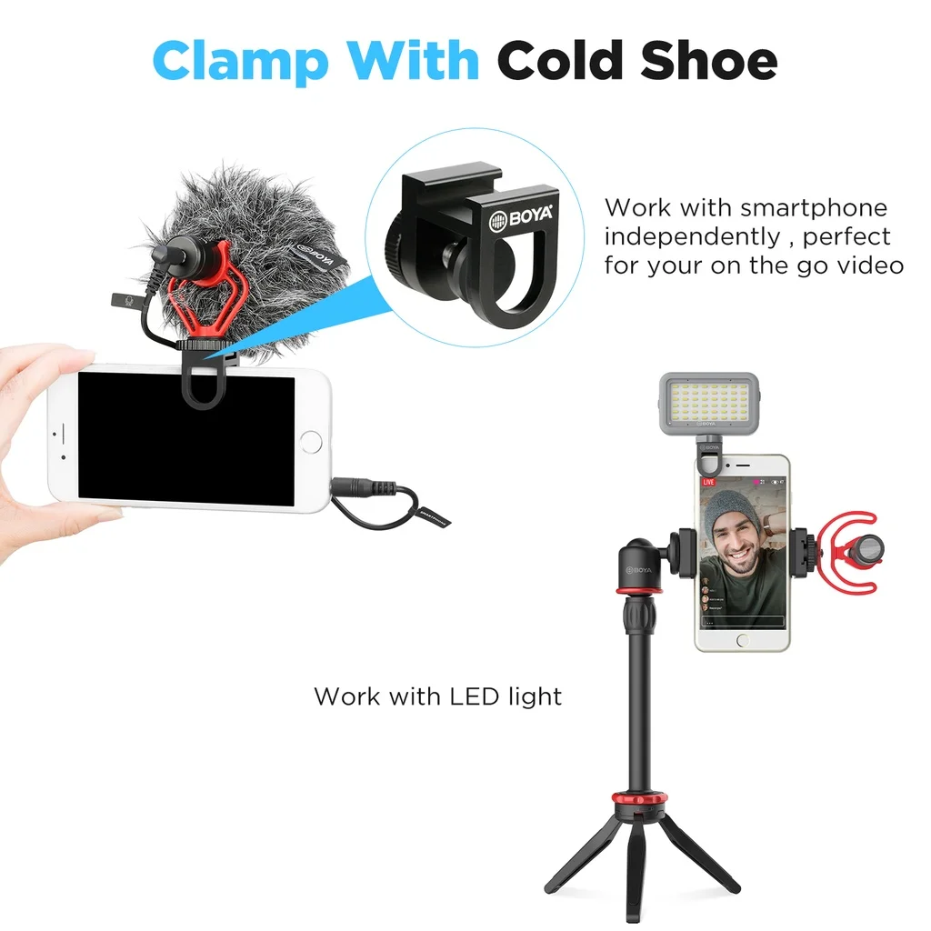 BOYA BY-VG350 Smartphone Video Kit with Mini Tripod Extension Tube LED Light Condenser Microphone for Phone YouTube Vlogging