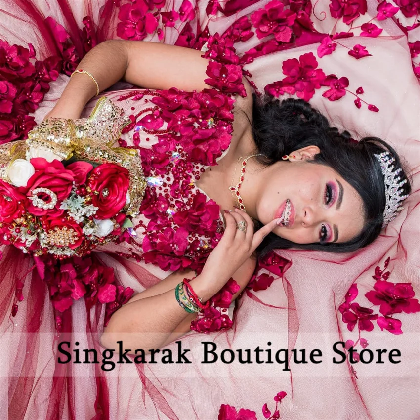 Fleurs 3D rouge princesse fleur Quinceanera robe douce 16 robe Appliques cristaux perle perles robes De 15 Años personnalisé