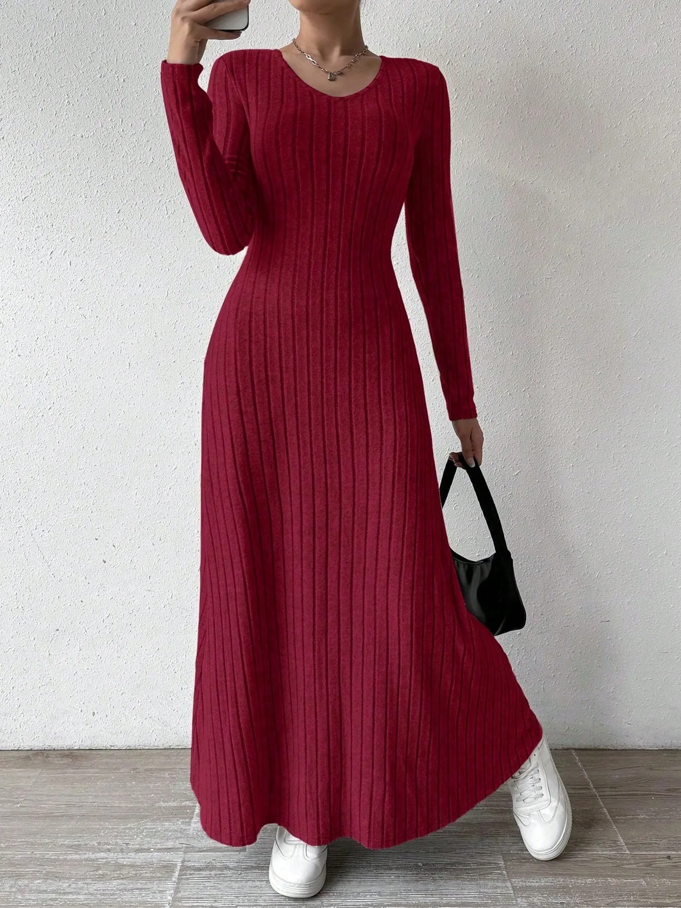 Kadın Dar Kesim Düz Renk Nervü - Bodycon Long Sleeve Ribbed Dress incelemesi ve fiyatı