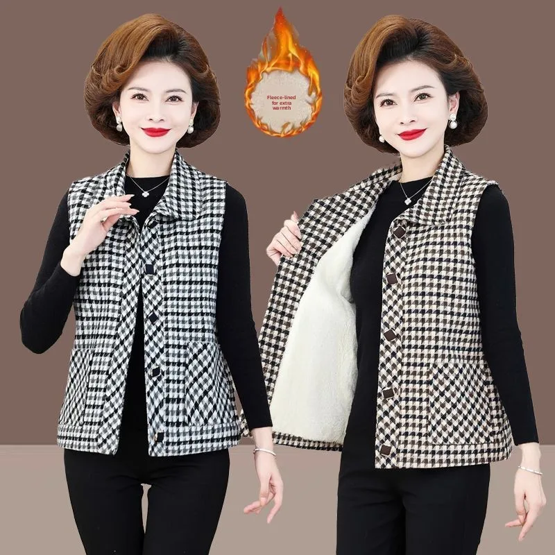 

Thiened Fce осенне-зимний клетчатый жилет, свободная женская одежда для среднего возраста и ли, женская верхняя одежда с воротником
