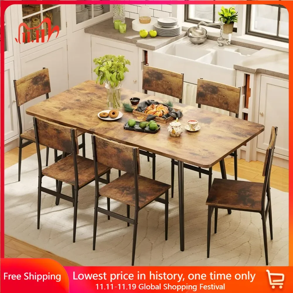 Qsun 63” Extendable Dining Table Set for 4-6 People, 7-Piece Dining Table Set, Rustic Brown Kitchen Table Set for Small Space