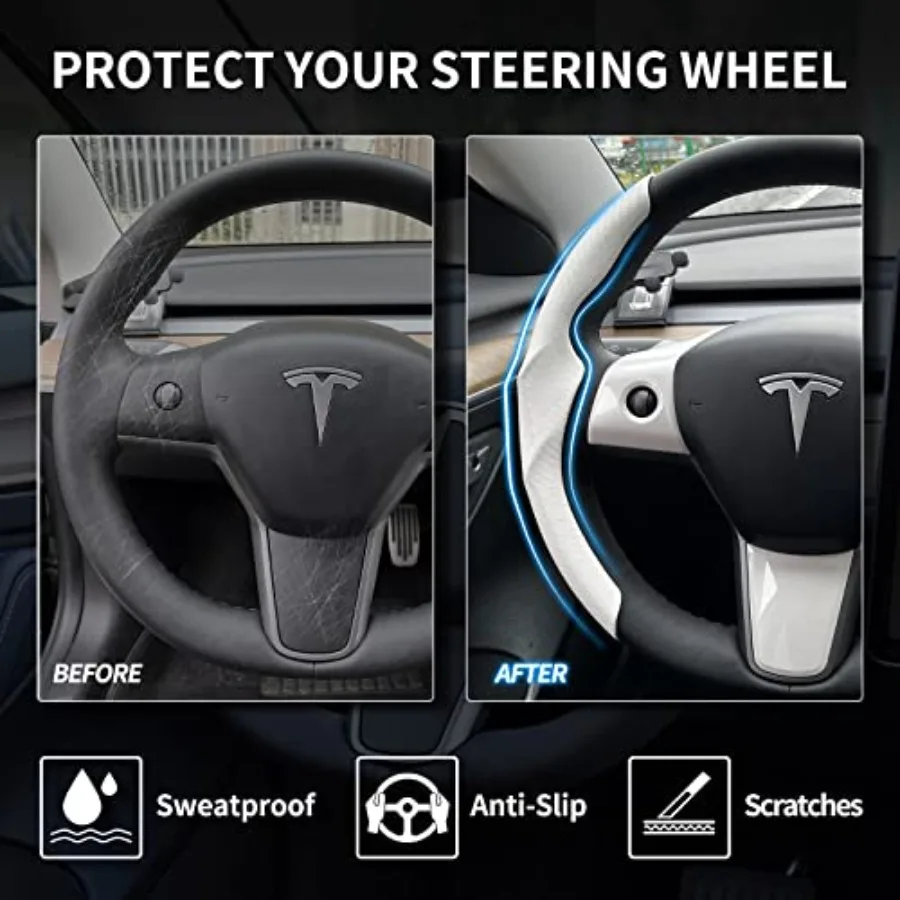 Carbon Fiber Steering Wheel Cover and ABS Wrap Kit for Model 3/ Y Accories White