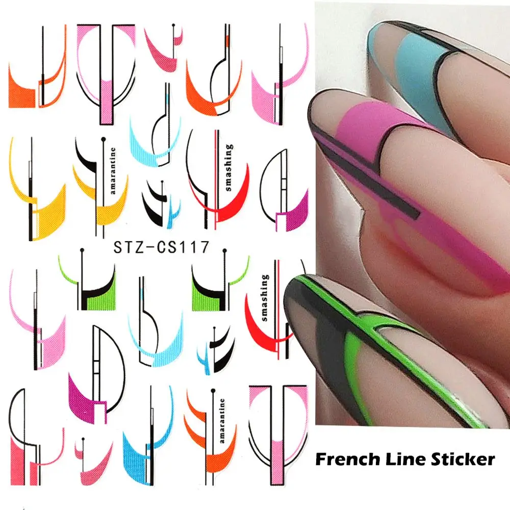 Sliders Decals Smile Line Design Spring Summer 3D Black White Nail Art Stickers French Geometry