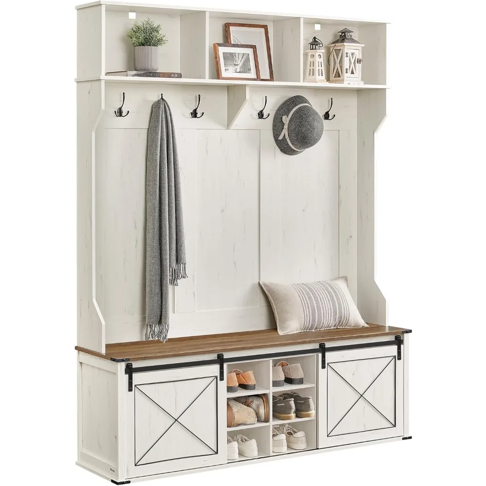 

Hall Tree with Bench and Shoe Storage, Coat Rack with Shoe Bench, Entryway Furniture, 6 Tri-Hooks, Sliding Door, Farmfouse Styl