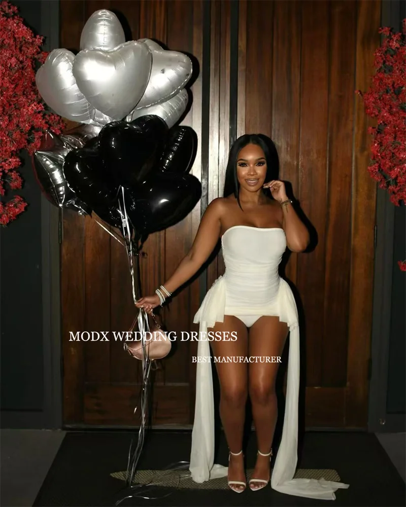 MODX Elegant White Chiffon Mini Wedding Dress Strapless Shawl European And American Women'S Formal Bridal Gowns Customized