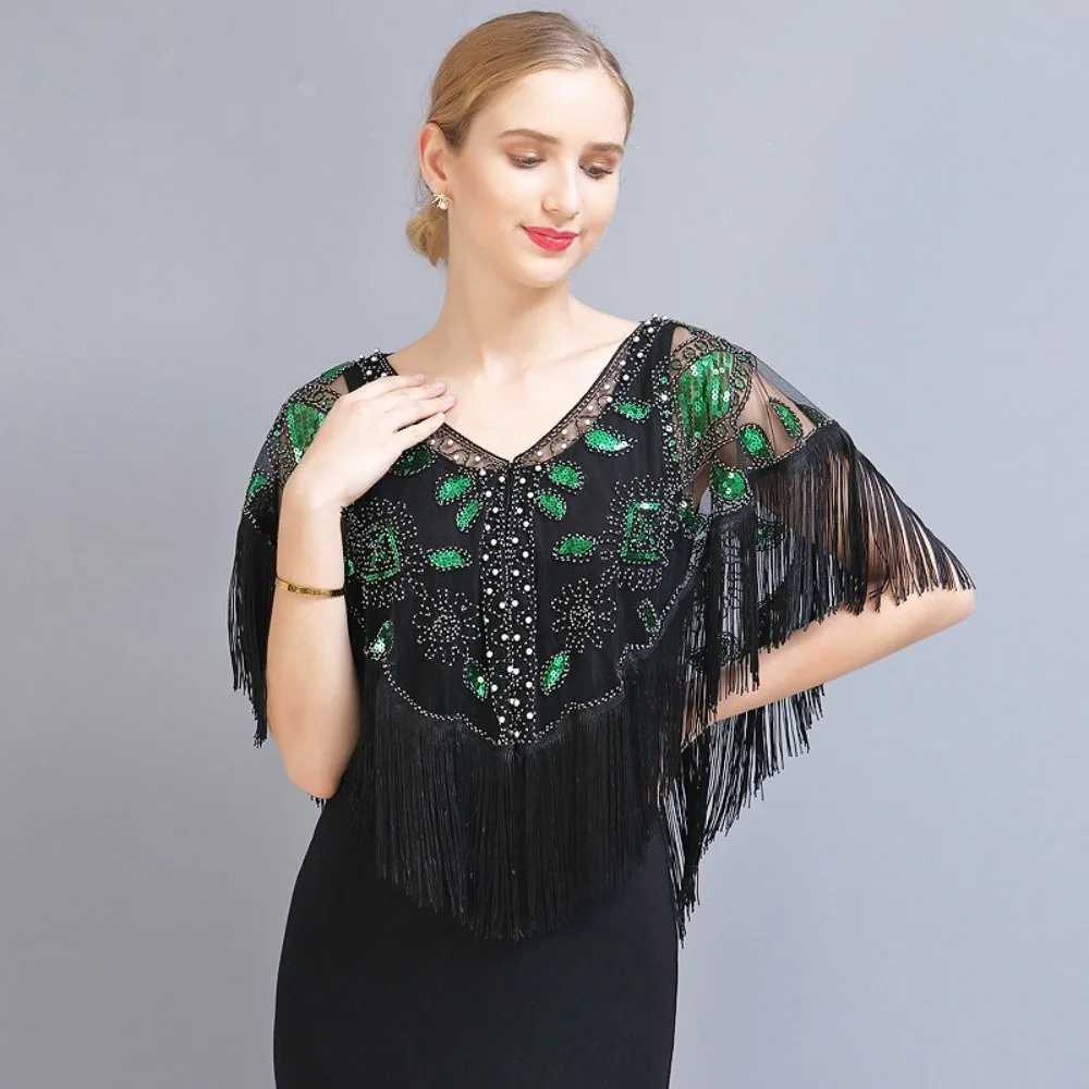 New Mesh Wrap Sequined Shawl With Tassel Cloak Flapper Shawl Sheer See Through Tulle Shawl Fringe Shawl Women