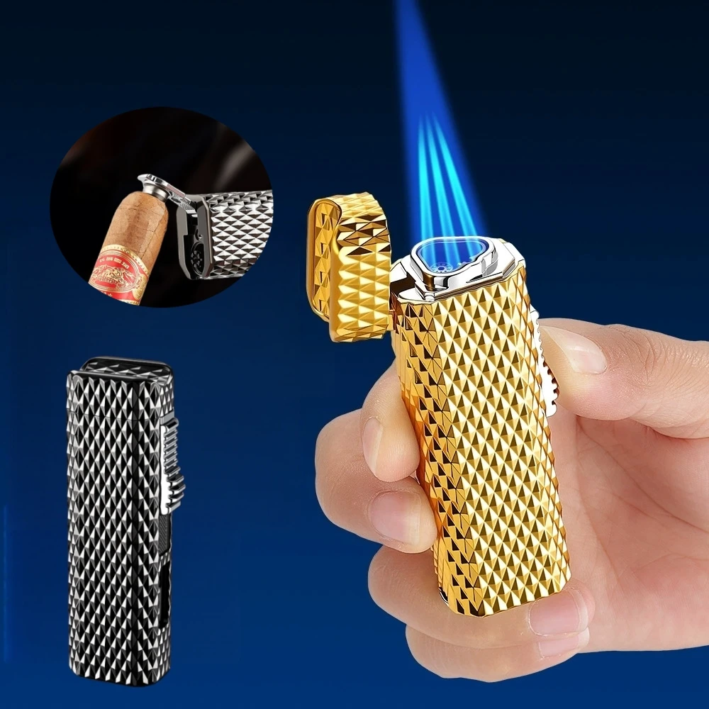 

High End Cigar Inflatable Lighter with Metal Windproof Strap Cigar Puncher and Holder Visible Gas Window Portable Lighter Gift