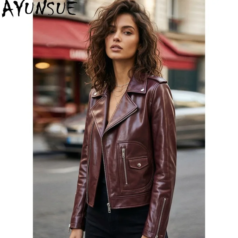 

AYUNSUE Women's Real Leather Jacket Short Motorcycle Style Sheepskin Jackets Fashion Fitted Long Sleeve Tops Woman Clothes