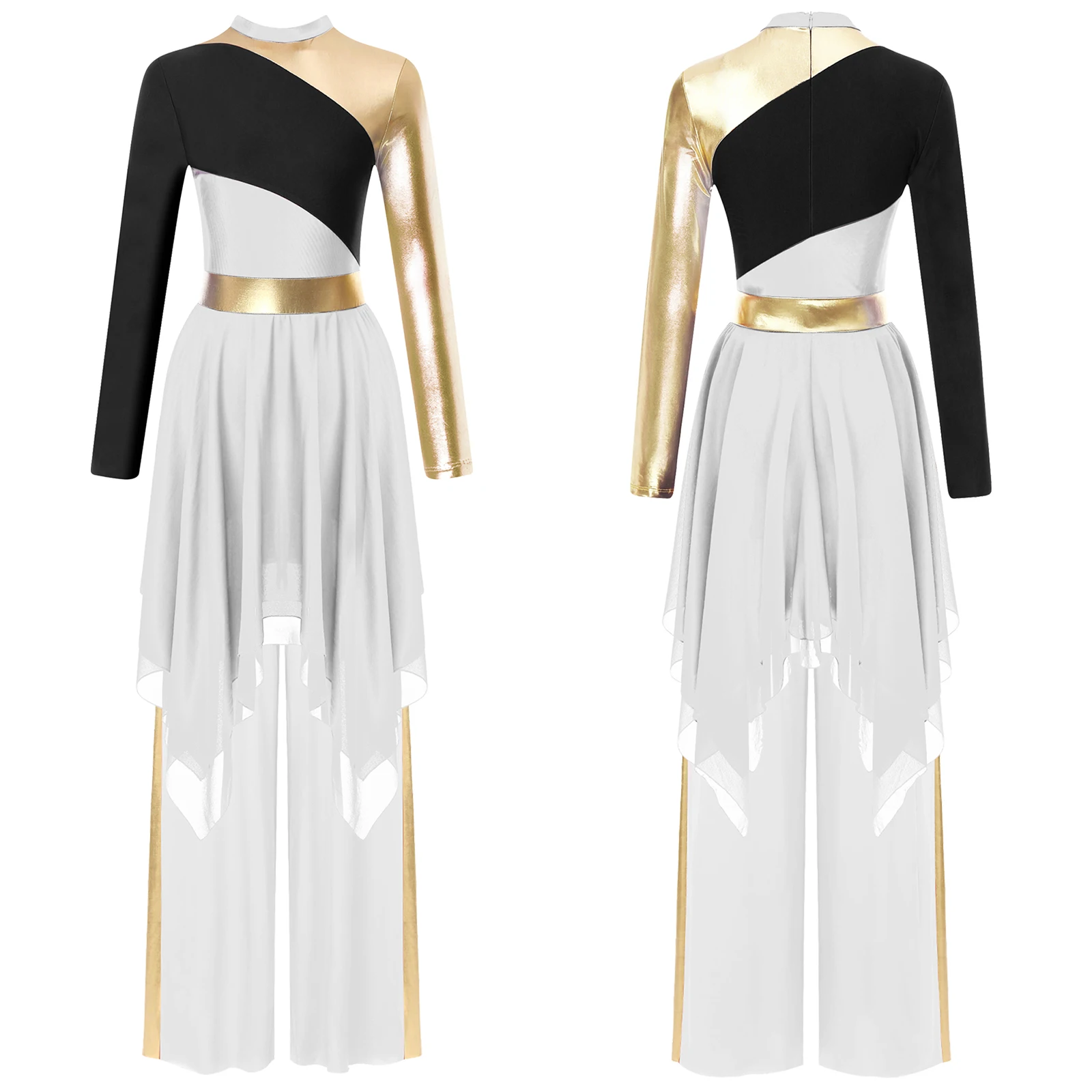 

Women Liturgical Praise Lyrical Dance Dress Color Block Patchwork Dress with Wide-Leg Pants Sets Worship Ballroom Dance Costume