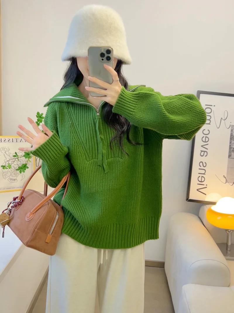 

Вязаный свитер с большим воротником Amy, женское мягкое пальто на молнии, повседневное универсальное осенне-зимнее новое пальто для поездок на работу