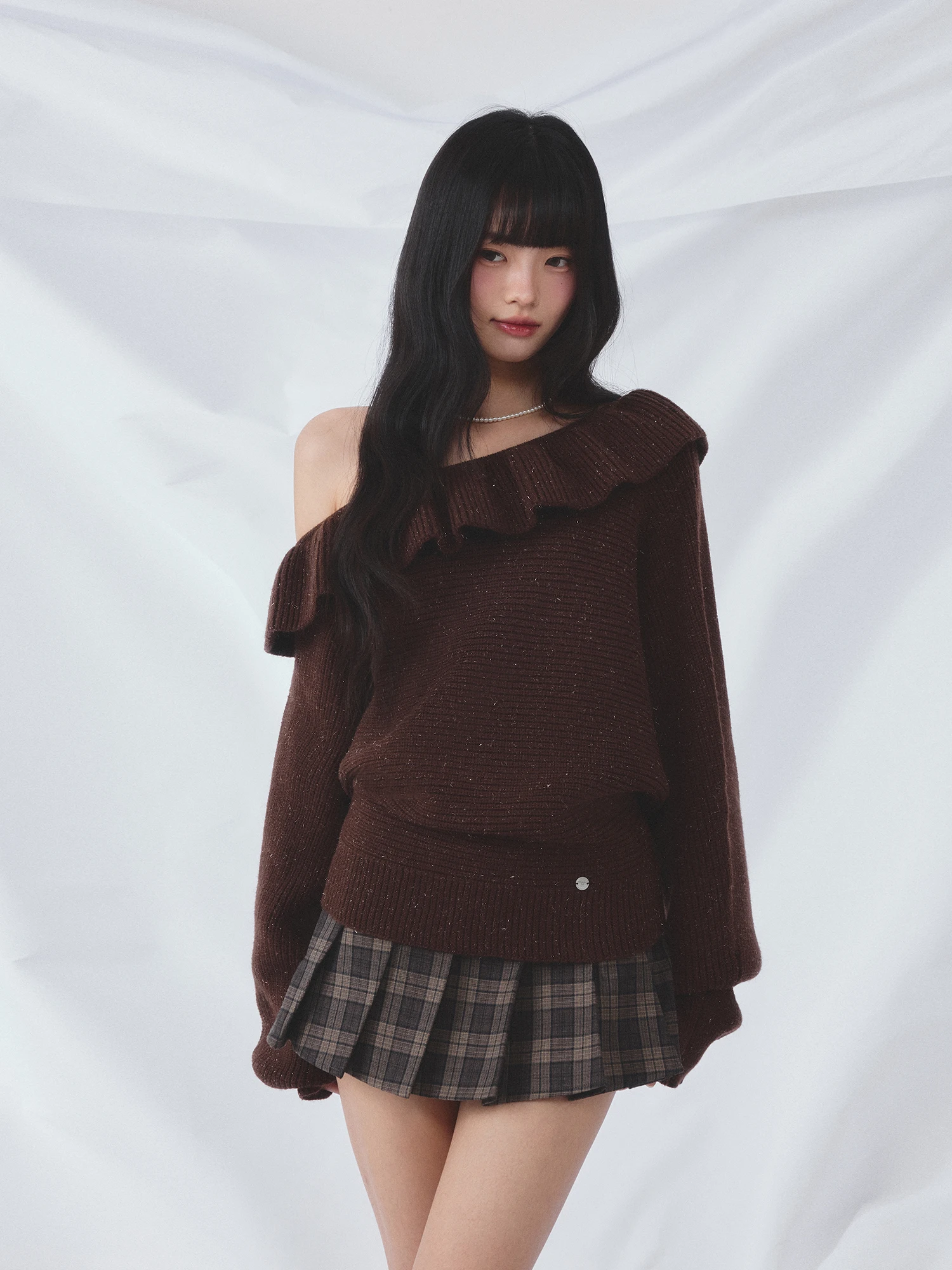 

Вязаный топ Wedhub с воротником-рюшами и асимметричным вырезом на плече, новый дизайн, красивый, с длинными рукавами, модный, свободный крой