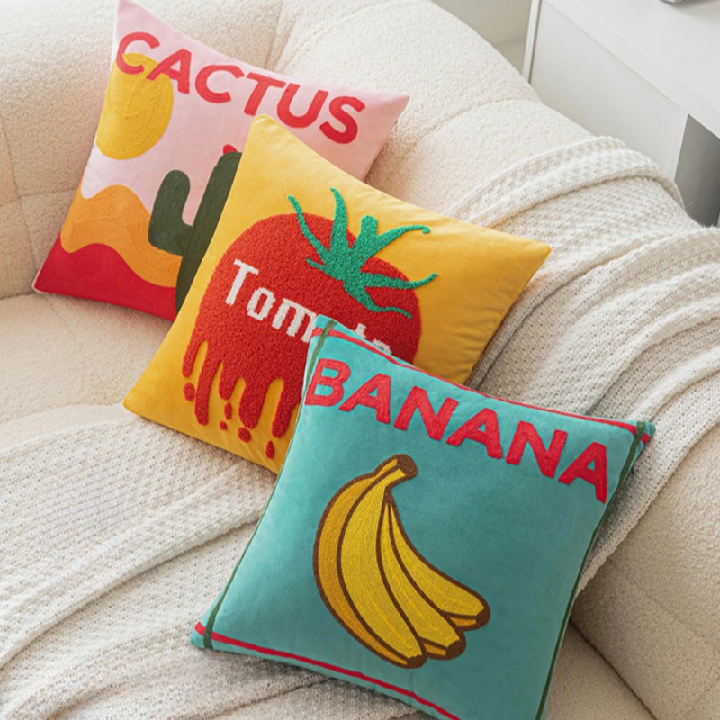 45*45cm Ins Letter Fruit Embroidered Cushion Cover Nordic Velvet Embroidered Pillowcase Home Decor Pillow Covers Decorative