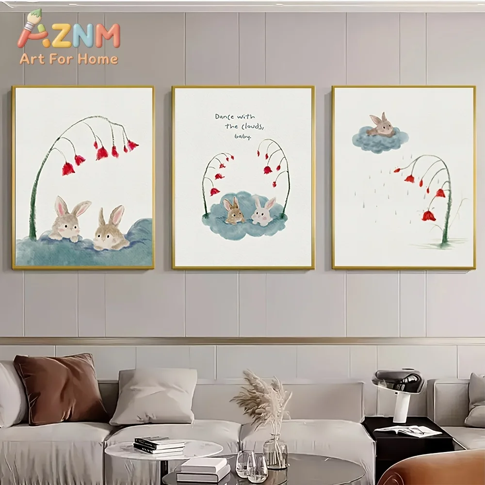 AZNM Watercolor Rabbit Canvas Wall Art Cloud Flower Cute Bunny Quote Frameless Canvas Painting Nursery Kids Room Home Decor Post