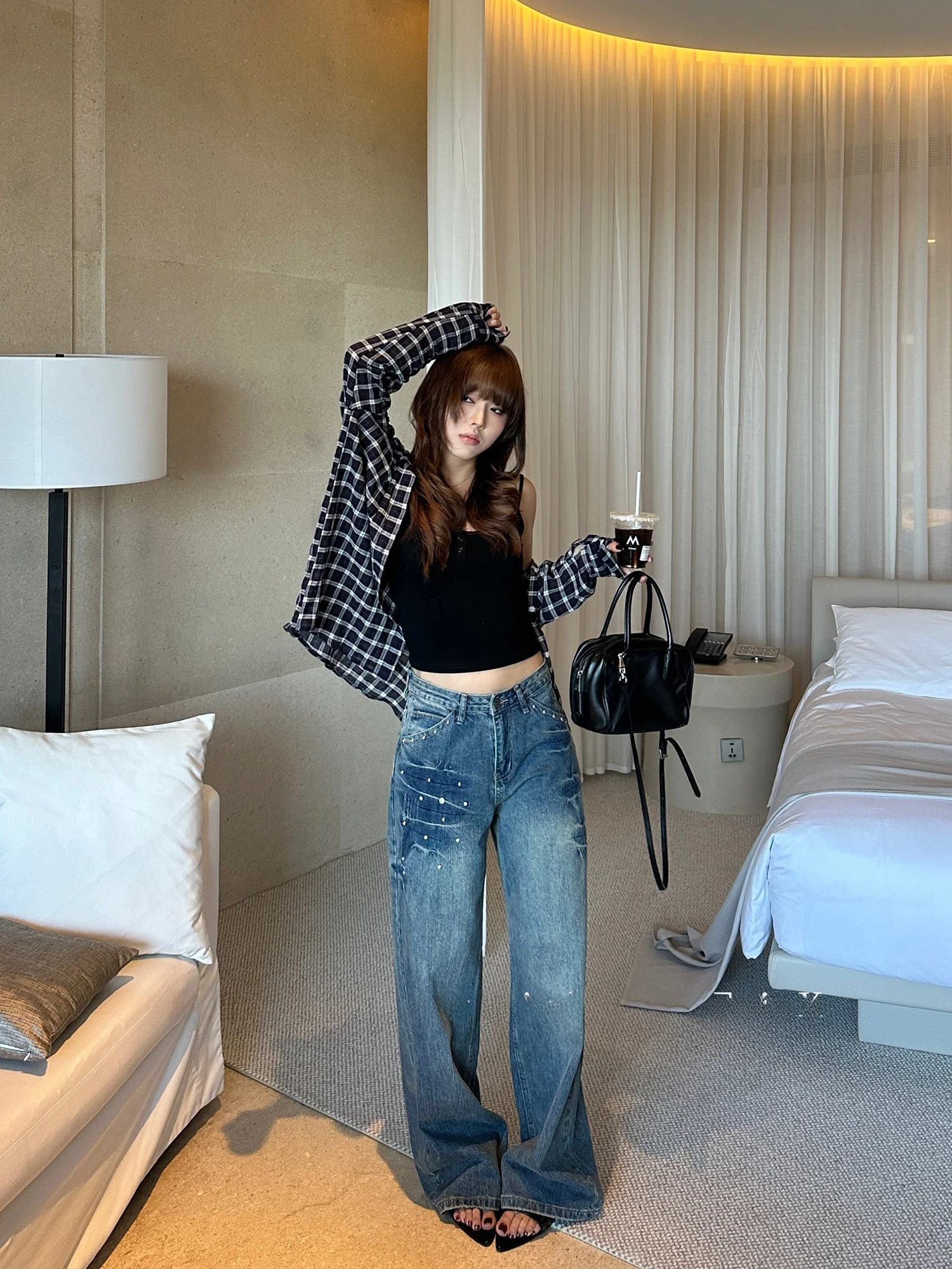 

Falin X Vintage Rivet Denim Jeans Women's Spring Design Waed Straight Wide Leg Loose Long Pants Cotton Low Waist Zipper