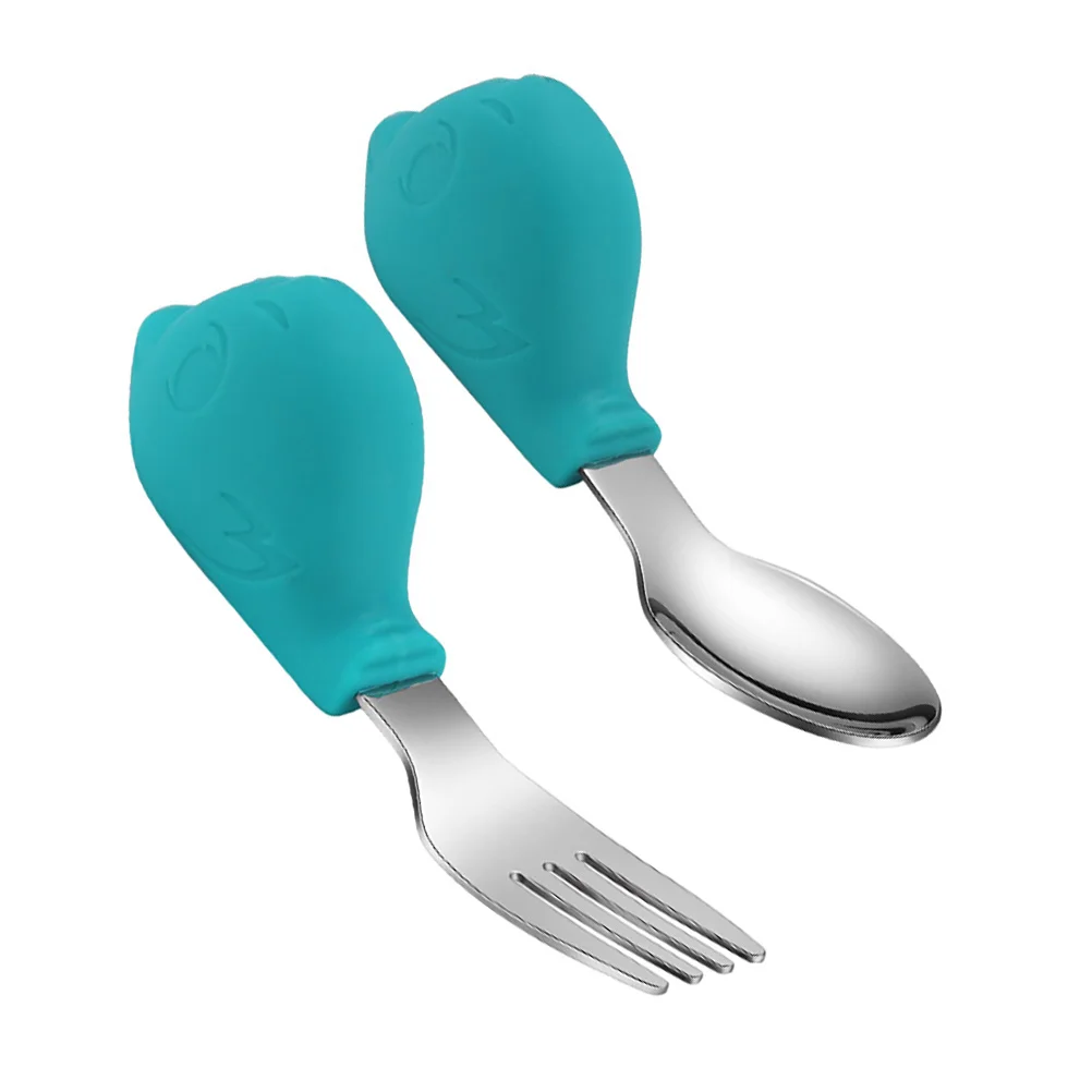 

2pcs Stainless Steel Silicone Spoon Fork Set Baby Learning Eat Tableware Kids Practice Utensils Feeding Accessories