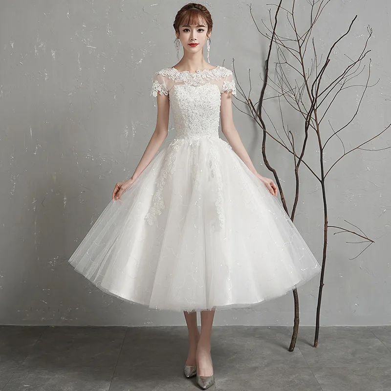 

N68 Off-shoulder short-sleeved tutu dress for petite bride