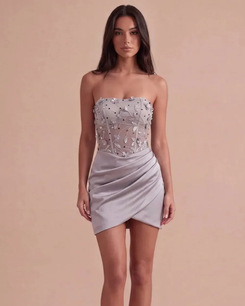 Customized Elegant Women Charmeuse Handmade Flower Beading A-Line Evening Dresses Fashion Strapless Sleeveless Knee Length Dress