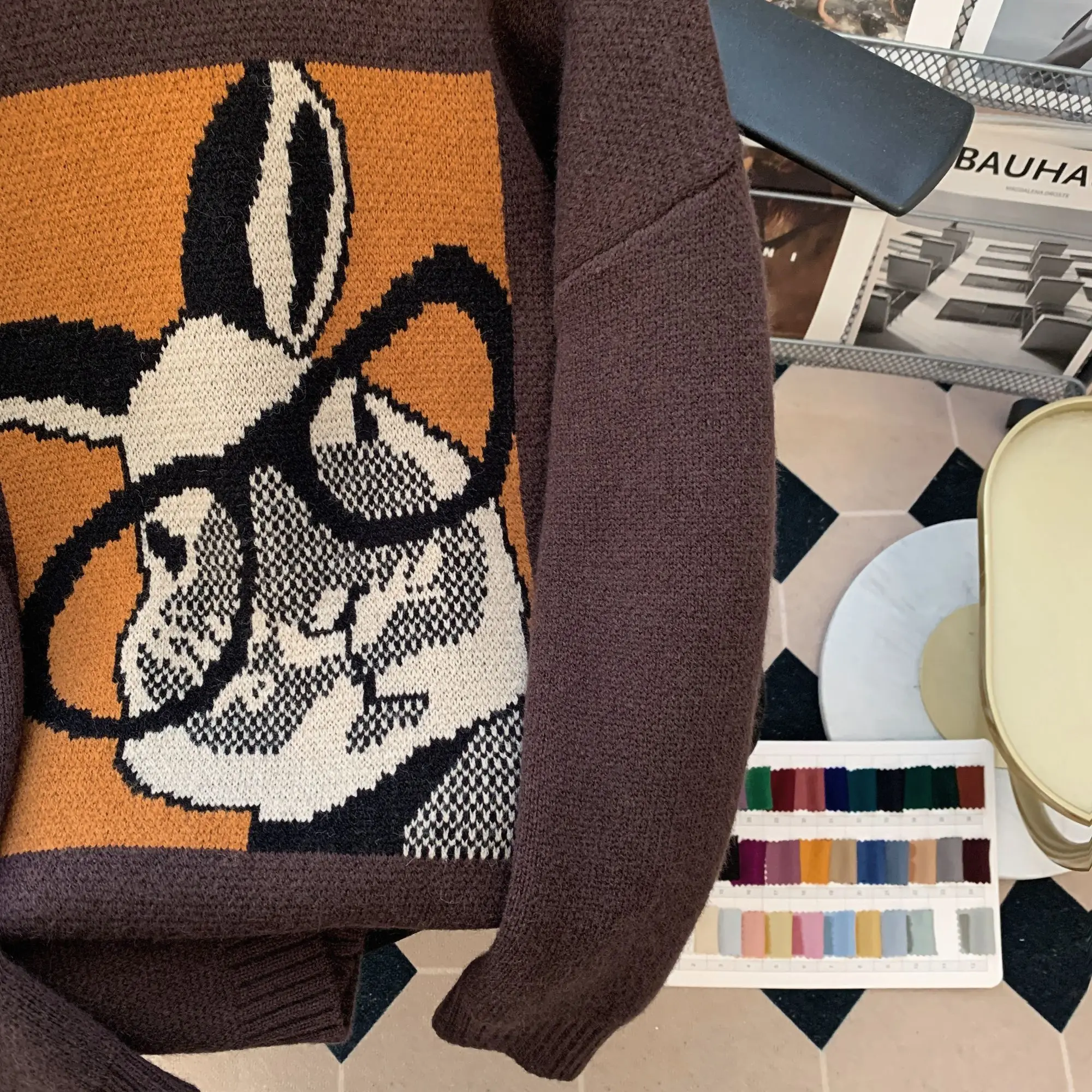 Maillard Style Fun Rabbit Jacquard Soft Glutinous Knitted Sweater Autumn Winter Retro Lazy Loose Versatile Thick Sweater Women