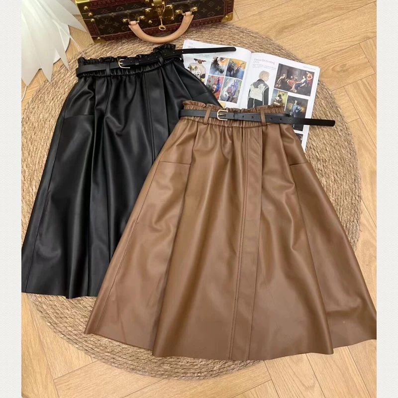 

Long Skirt Natural Sheepskin Genuine Leather 2022 Fashion Female Design A Real Slim Hip Belt Skirt