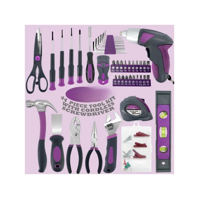 44PCS 4V Cordless Screwdriver Tool Kit Set Pink Color Tools Lady Tools Kit Home Repair Set Toolbox Hand Tool