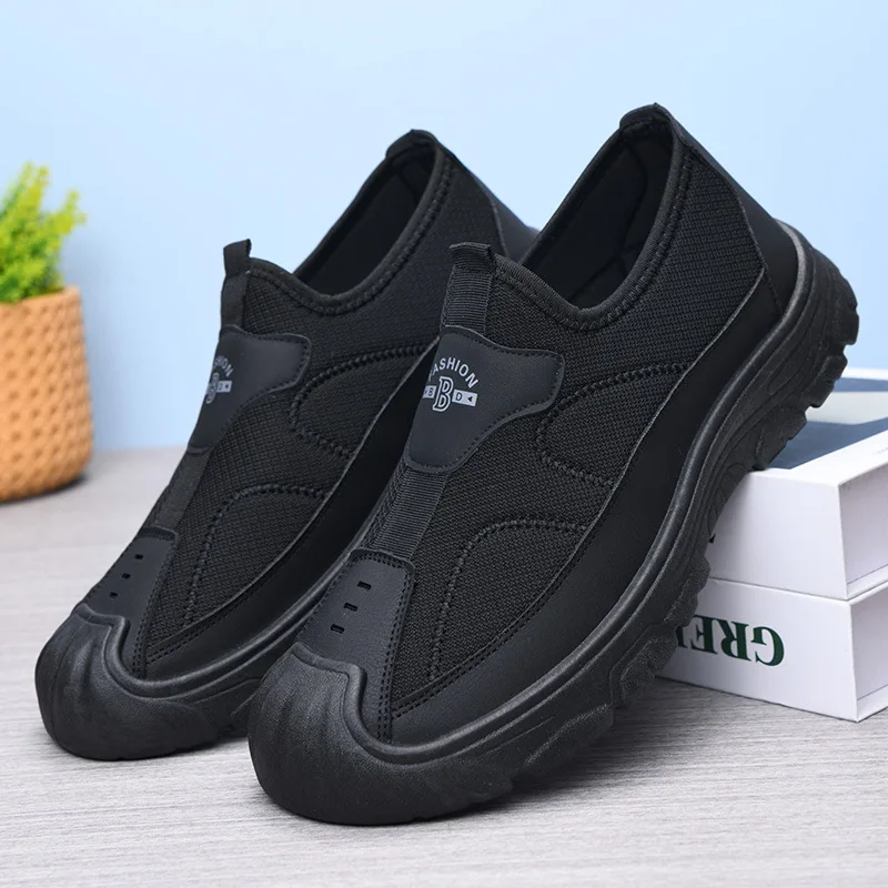 Men Slip On Outdoor Casual Shoes Mesh PU Spliced Upper Anti-collision Toe Non-slip Thick Sole Hiking Walking Sneakers