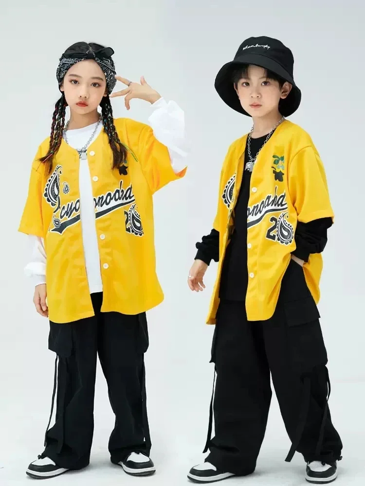 Hip Hop Streetwear Girls Jazz Dance Costume Yellow Shirt Loose Cargo Pants Kpop Outfit Boys Street Dance Practice Wear YS4569