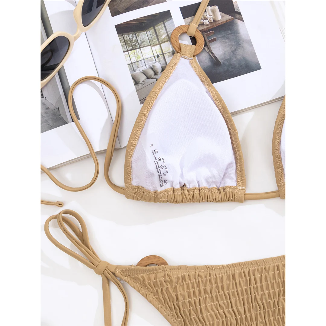 Gefälteltes, gerafftes Neckholder-Bikini-Set für Damen, zweiteiliger Badeanzug, Badebekleidung mit hohem Beinausschnitt, Badeanzug, Schwimmbekleidung V5728 – Detail 14