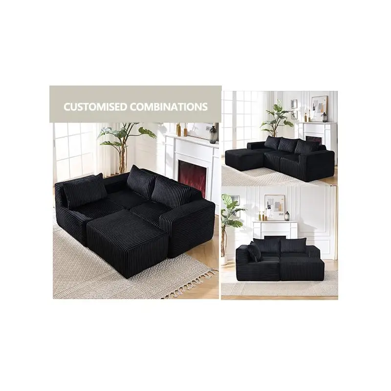 أريكة مقطعية من القماش المعياري على شكل حرف L حديثة وبسيطة مع مقاعد عميقة، كرسي يمين الوجه لغرفة المعيشة - سحابة سوداء