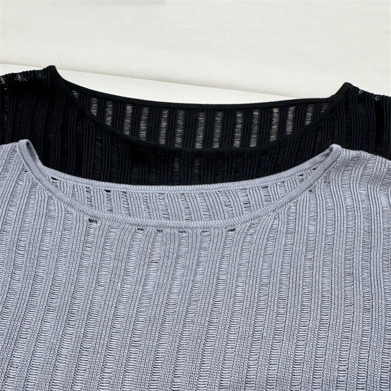 

Women's sweater 2026 Summer New Stretch Knitted Women's Long Sleeve Top Round neck hollowed out pullover y2k Women's t-shirt