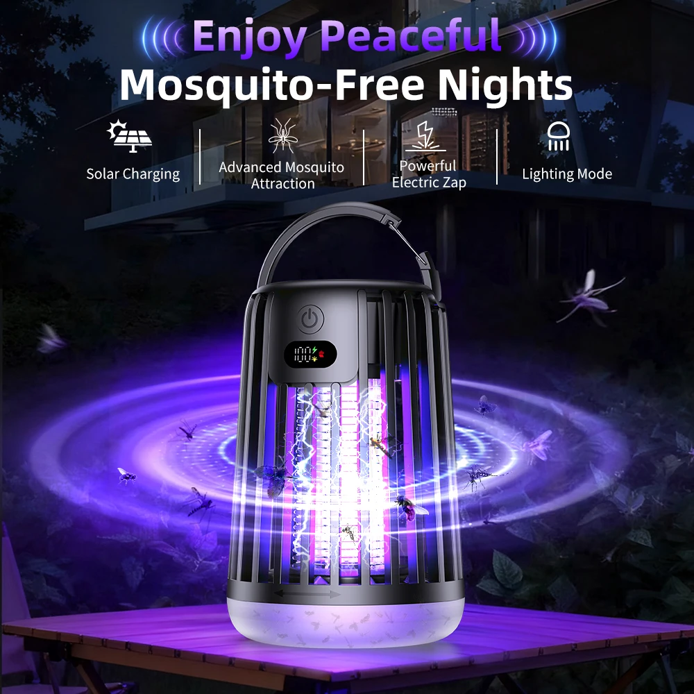 Lâmpada solar mata-mosquitos para jardim, luz de jardim 2000V, mata-moscas externo movido a energia solar com armadilha recarregável para insetos.