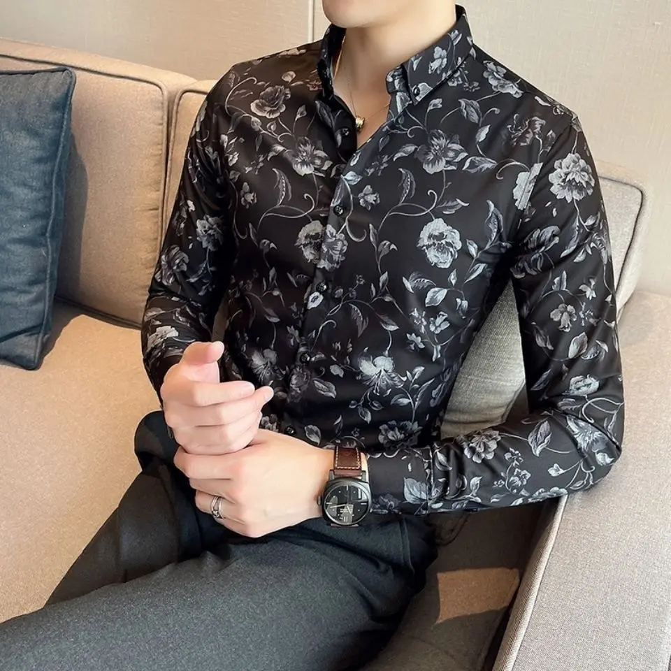 Fashion Men Clothing Vintage Floral Smooth Shirts Spring Autumn Korean Streetwear Business Casual Lapel Long Sleeve Slim Tops