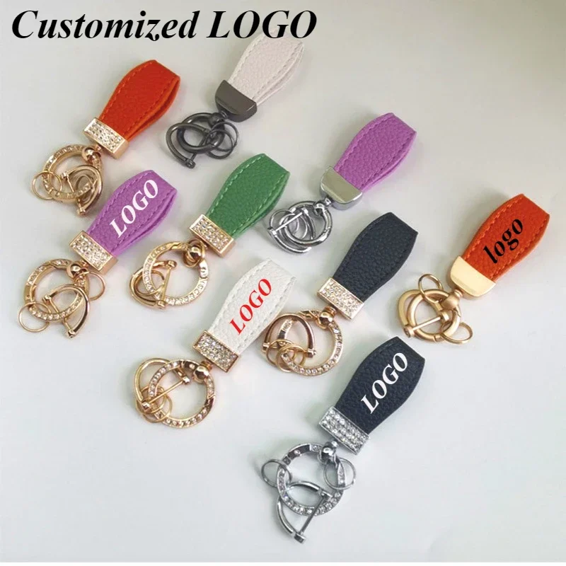 

Custom Logo Exquisite Inlaid Zircon Leather Keychain Laser Engraving Key Chain Personalize Keyring Men and Women Gift Wholesale