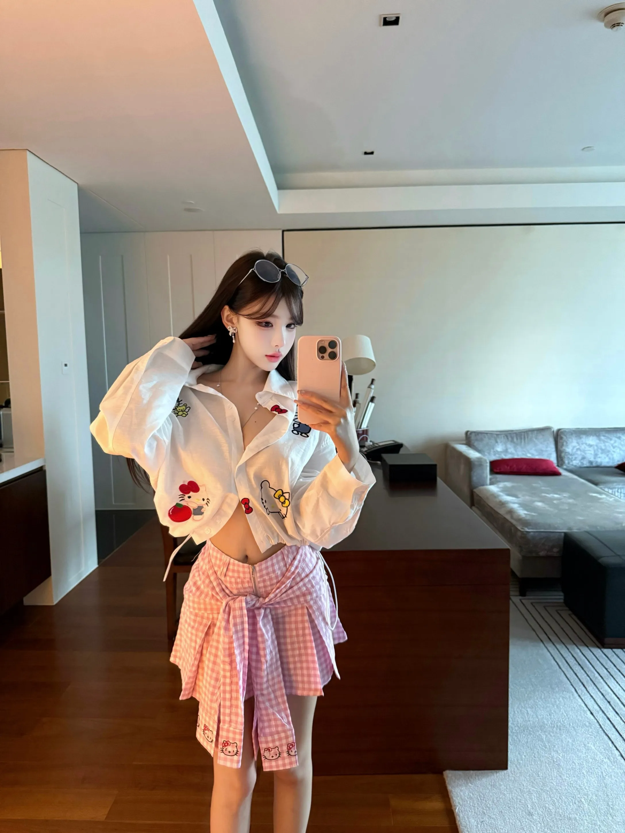 

Chen nduo Cute Cartoon KT Print Linen irt ort Loose Fit Button up Dstring Fem Summer Cool Feeling Thin Long S...