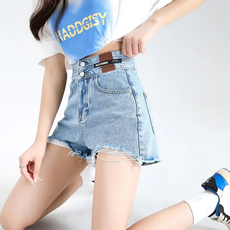 High Waist Double Buckle Frayed Hem A-Line Shorts Women's Summer Slimming Wide Leg Versatile Denim Shorts Trendy Style
