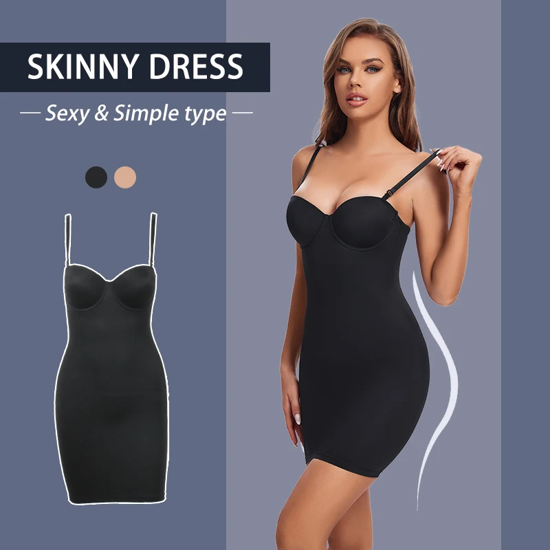 WECHERY-Coxa Comprimento Stretch Shaper Vestido para Mulheres, Tubo Shapewear, Controle Party, Slip Underwear, Sexy Strap Underdress, Nude Black