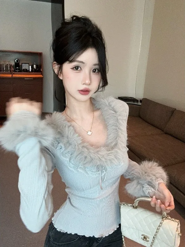 

Уникальный комбинированный пушистый лонгслив с U-образным вырезом, облегающий, с эффектом омоложения, для осени и зимы