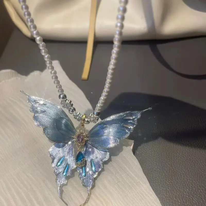 قلادة على شكل فراشة جديدة لطيفة للشفاء من اللؤلؤ الأزرق قزحي الألوان #5